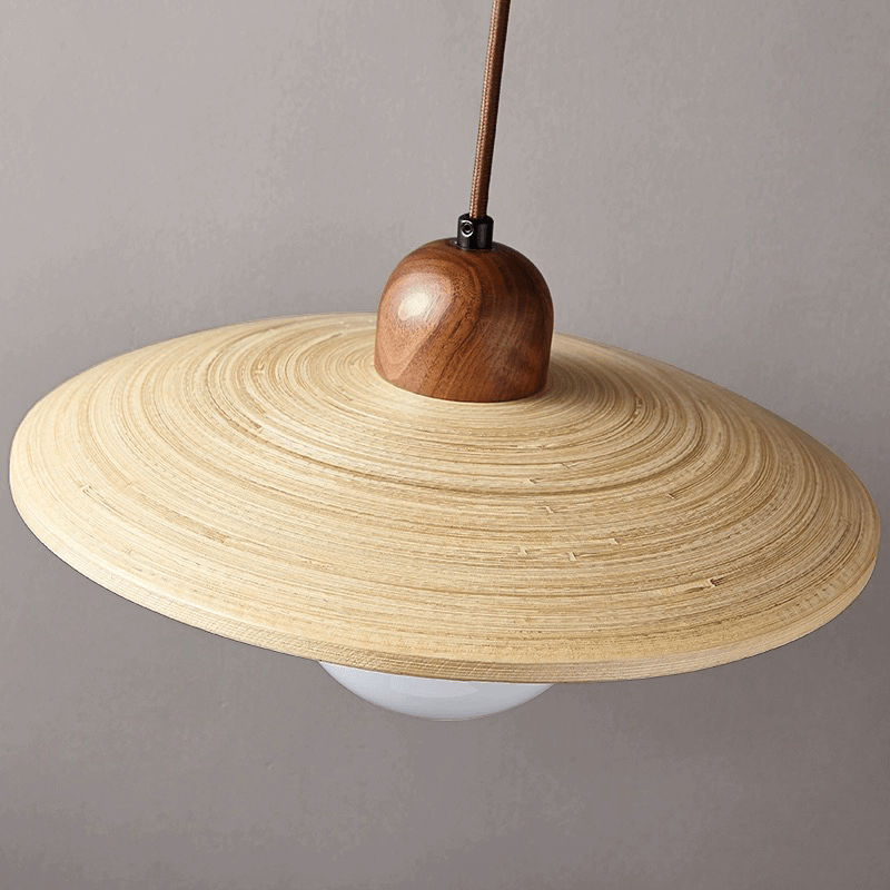 Image of kitchen pendant light highlighting its wooden lanpshade