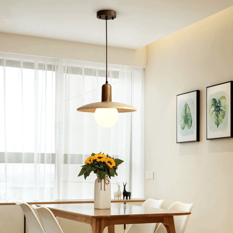 Kitchen pendant light illuminating a dining area