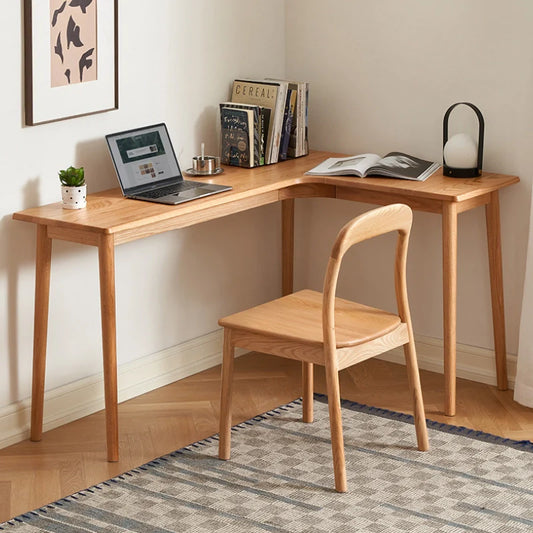 L-shaped wood desk for small spaces in natural color