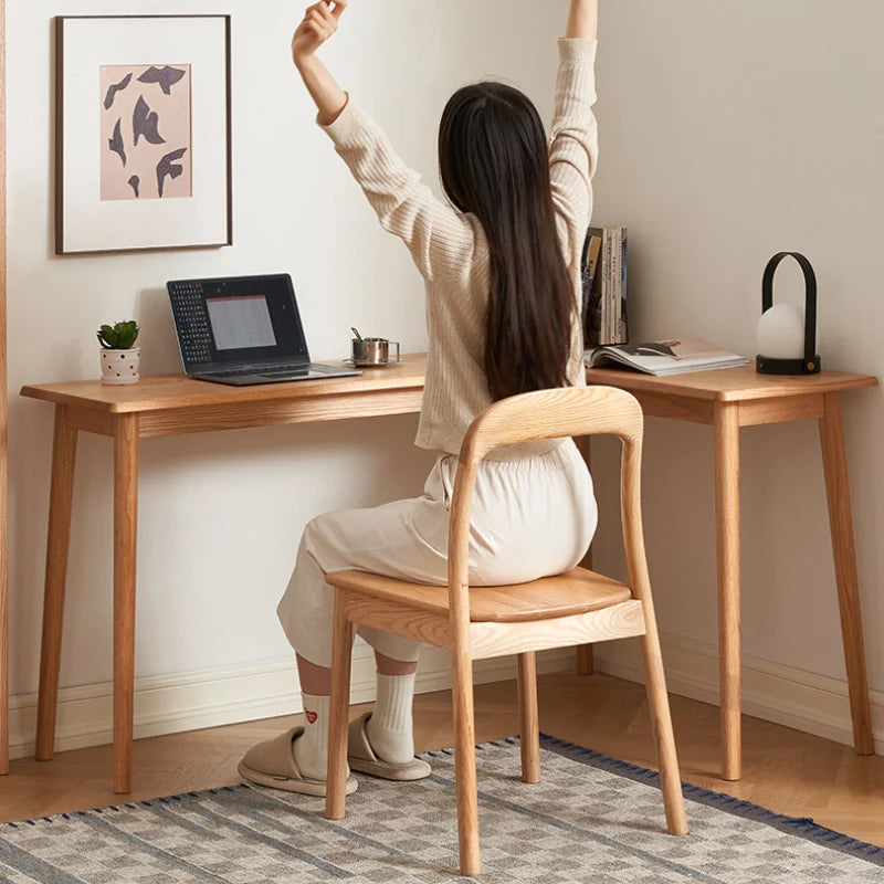 L-Shaped Wood Desk highlighting corner design and ample leg room