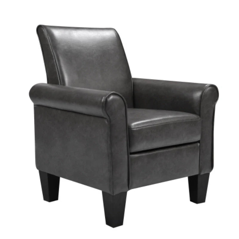 Grey leather accent chair with sturdy wooden legs and high back