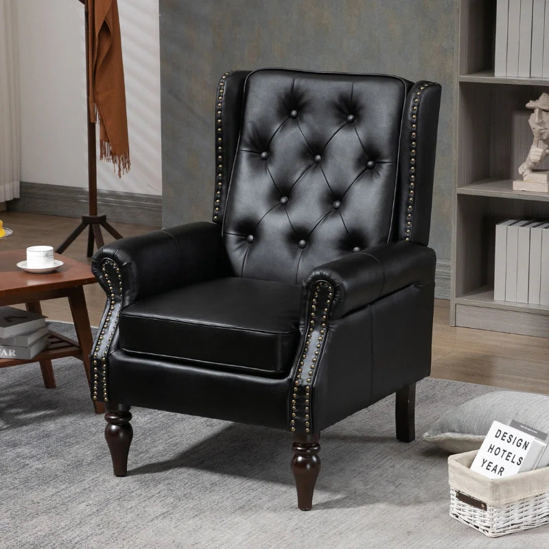 Front view of black leather accent chair with tuft design in a comfy home office setting