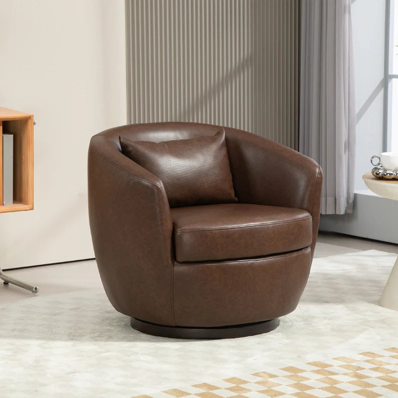 Dark brown Leather accent chair with swivel base in a comfy living room setting