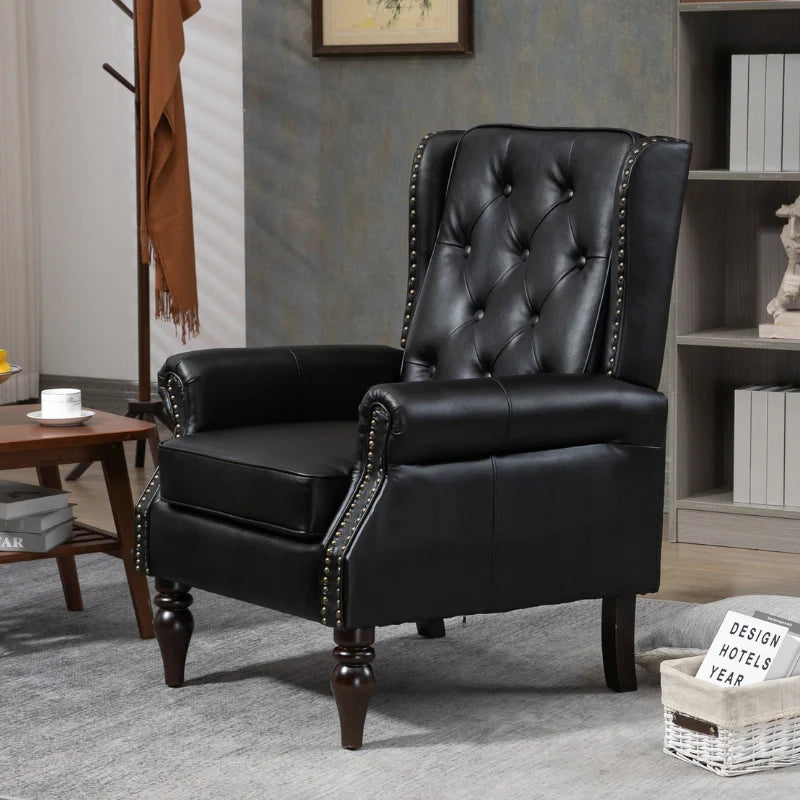 Side view of black leather accent chair with tuft design in a comfy home office setting