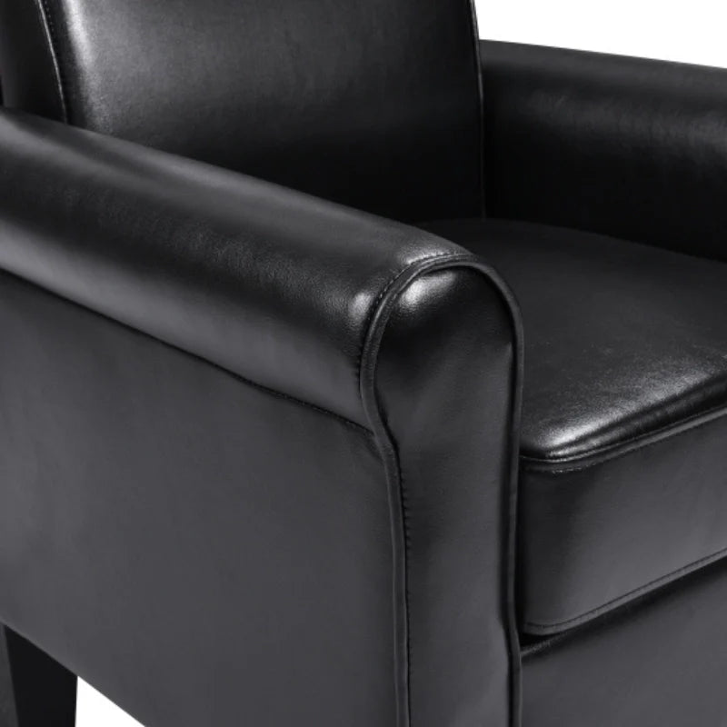 Upclose view of the black leather accent chair showing its PU leather upholstery