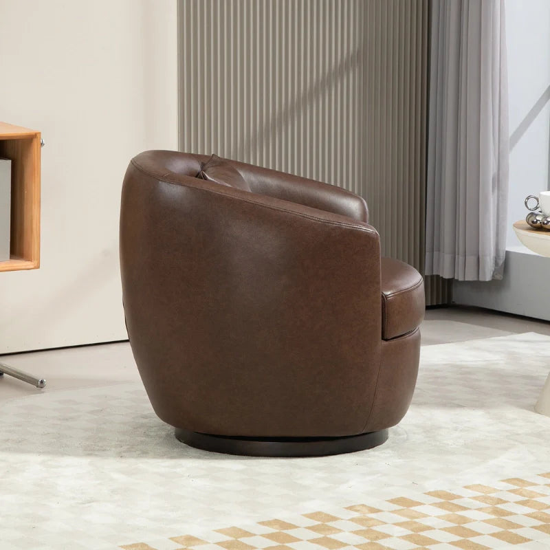 Side view of dark brown Leather accent chair with swivel base in a comfy leaving room setting