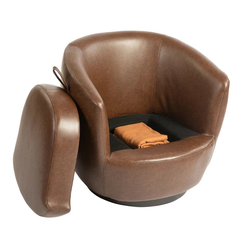 Dark brown Leather accent chair with swivel base showing open storage compartment