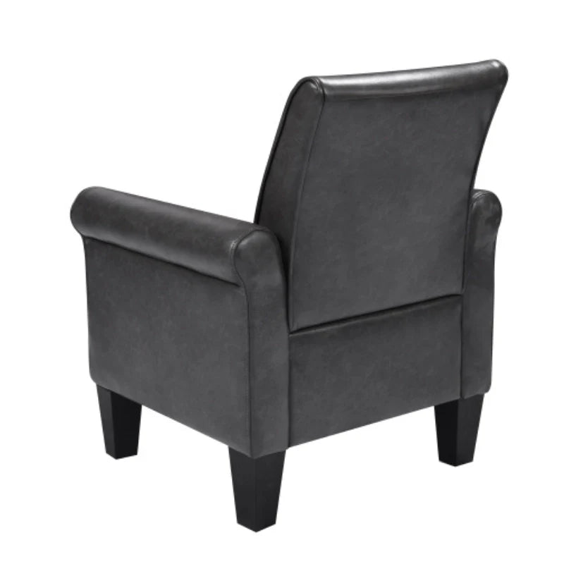 Back view of leather accent chair highlighting high back and supporting wooden legs