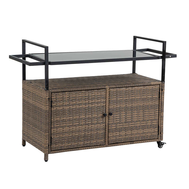 Light Brown Steel Rattan Outdoor Wicker Bar Serving Cart with Wheels and Glass Tabletop