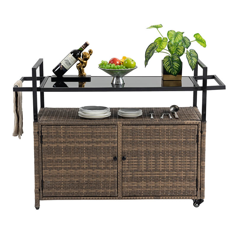 Light Brown Steel Rattan Outdoor Wicker Bar Serving Cart with Wheels and Glass Tabletop