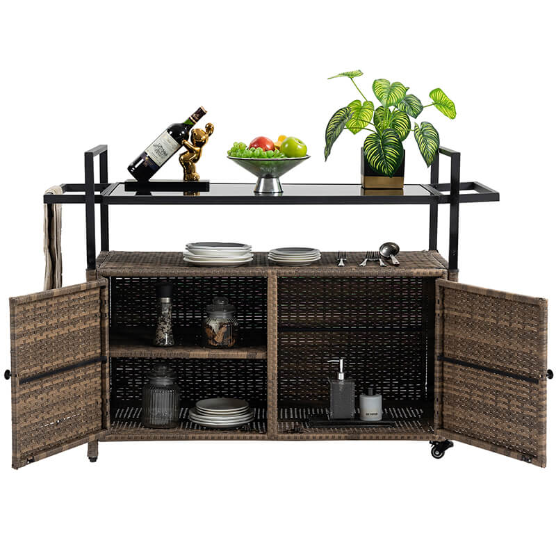 Light Brown Steel Rattan Outdoor Wicker Bar Serving Cart with Wheels and Glass Tabletop