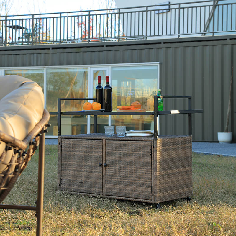 Light Brown Steel Rattan Outdoor Wicker Bar Serving Cart with Wheels and Glass Tabletop