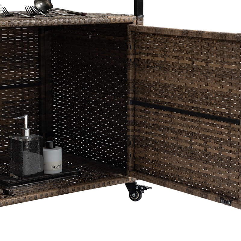 Light Brown Steel Rattan Outdoor Wicker Bar Serving Cart with Wheels and Glass Tabletop