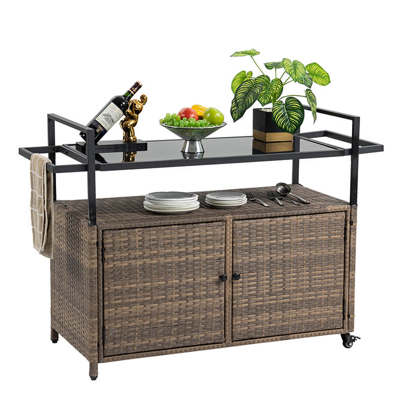 Light Brown Steel Rattan Outdoor Wicker Bar Serving Cart with Wheels and Glass Tabletop