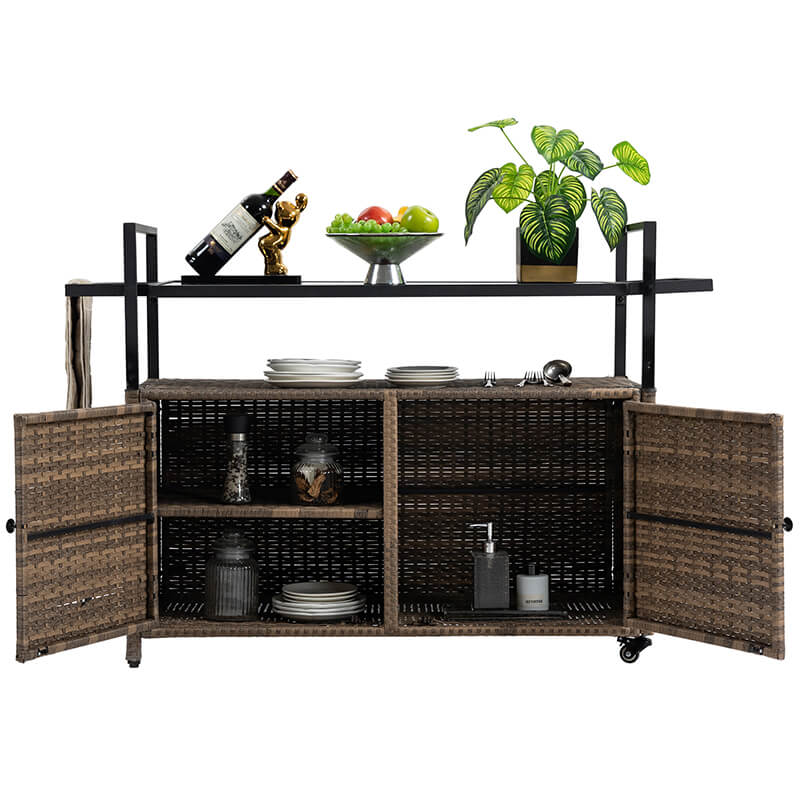 Light Brown Steel Rattan Outdoor Wicker Bar Serving Cart with Wheels and Glass Tabletop