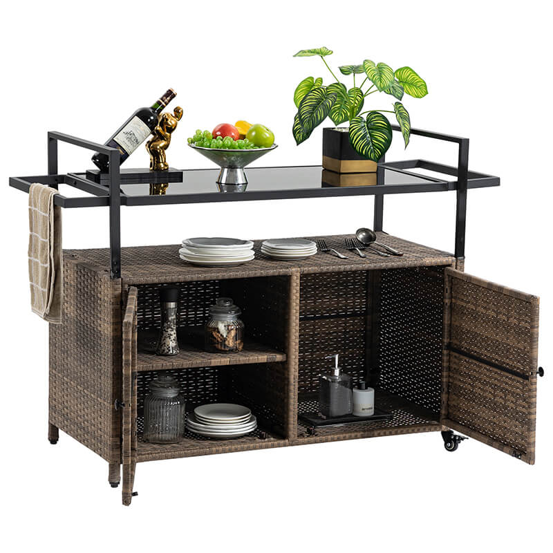 Light Brown Steel Rattan Outdoor Wicker Bar Serving Cart with Wheels and Glass Tabletop