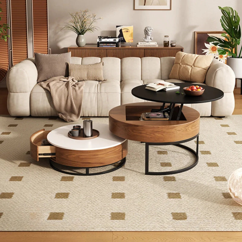 wood round coffee tables placed before a cloud sofa