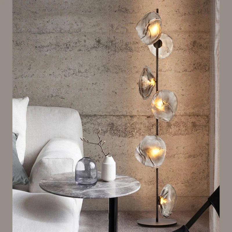 a modern floor lamp with 6-heads glass mesh petals