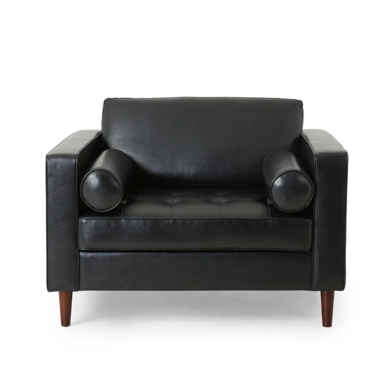 A black leather accent chair in a white background (front view)