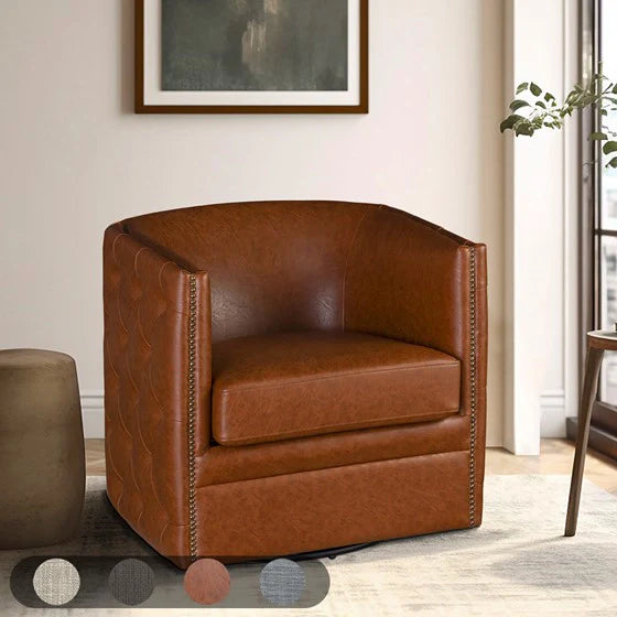 a modern brown leather accent chair in a stylish living room