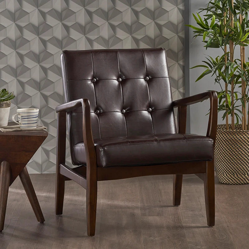 a brown leather accent chair in a living area