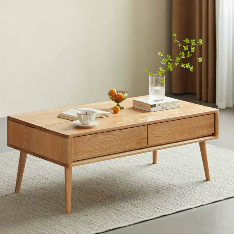 Solid wood coffee table in natural wood finish in a modern living room setting