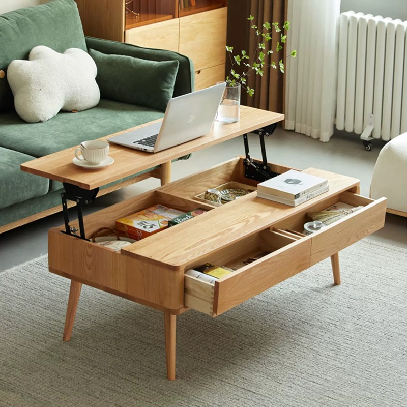 Solid wood coffee table with extended lift top and and open drawers