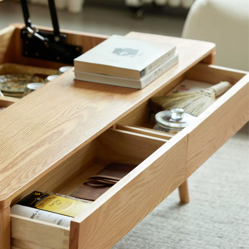 Modern wood coffee table highlighting open drawer and storage space beneath lift top