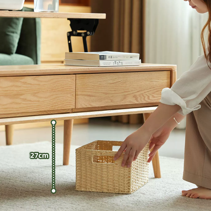 Modern wood coffee table highlighting closed drawer compartment