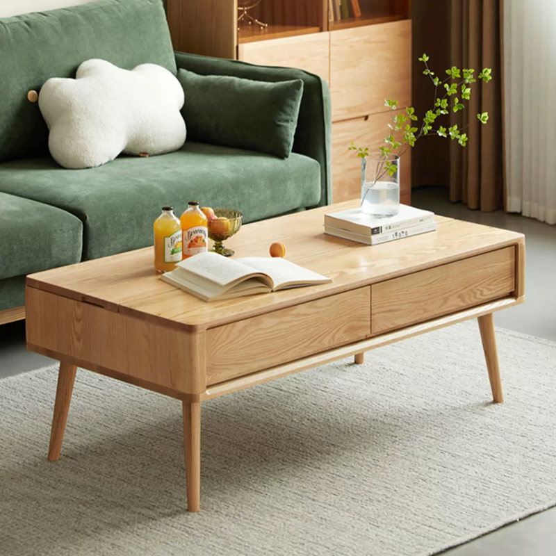 Solid wood coffee table in natural wood color in a modern living room