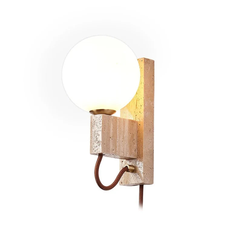 Illuminating Plug in Wall Light with glass globe base and yellow travertine base