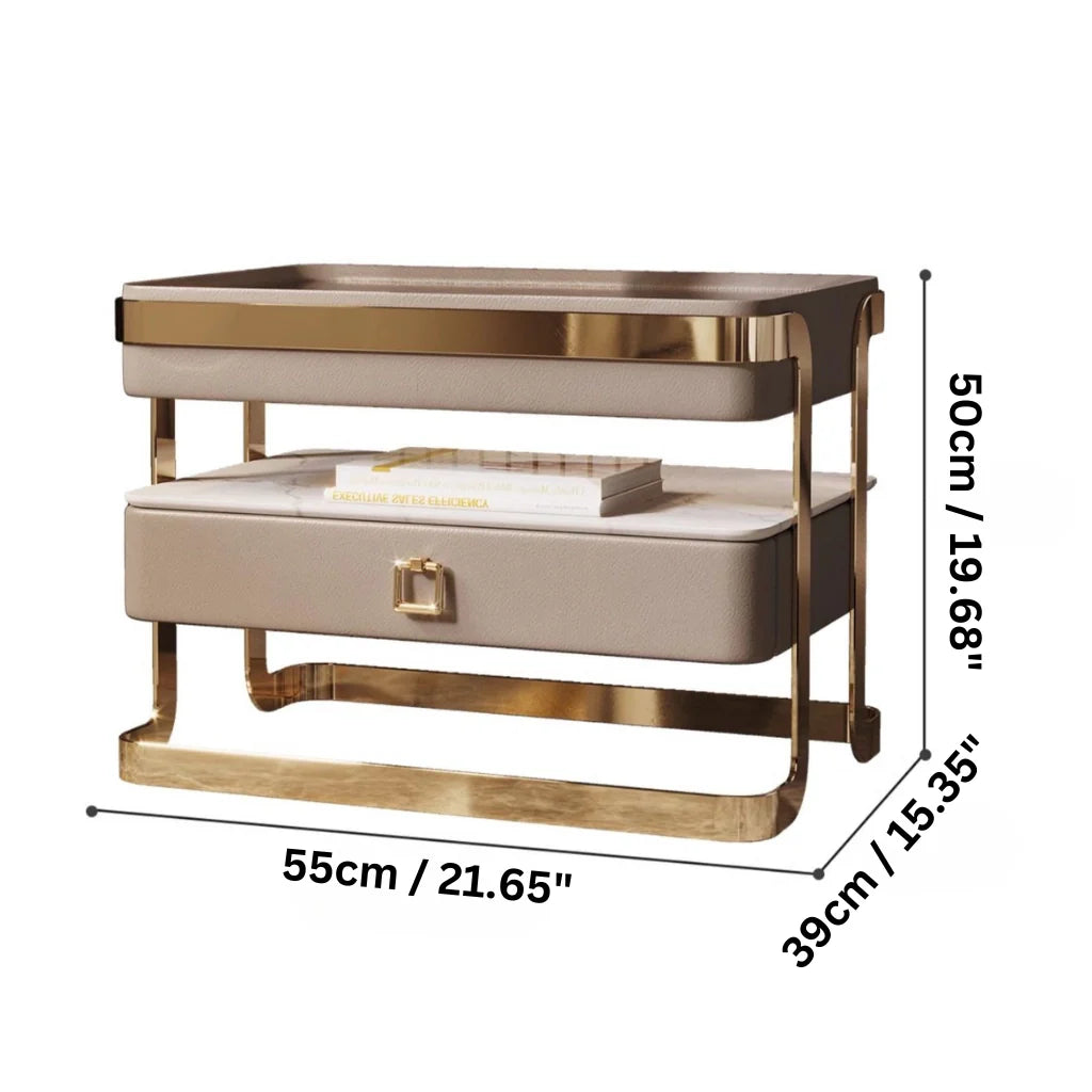 An image of modern nightstand with a sleek tempered glass top, PU leather drawer, gold metal frame, and open sintered stone shelf, showcasing a stylish and functional design perfect for bedside table ideas and contemporary bedroom aesthetics.