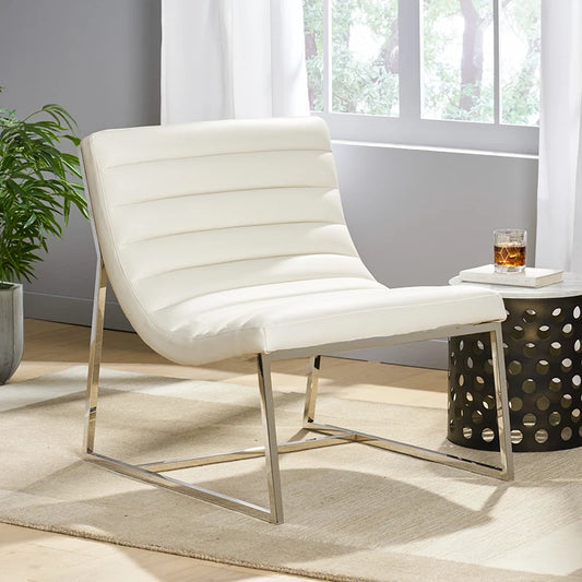 a modern white leather accent chair in a stylish living room