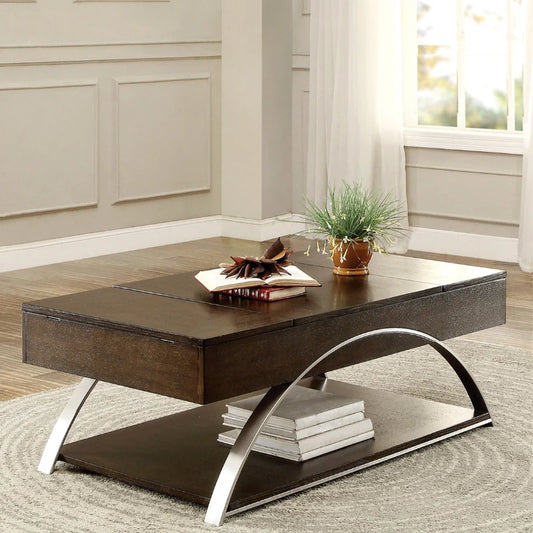 a modern wood lift top coffee table with a chrome metal frame in a stylish living room