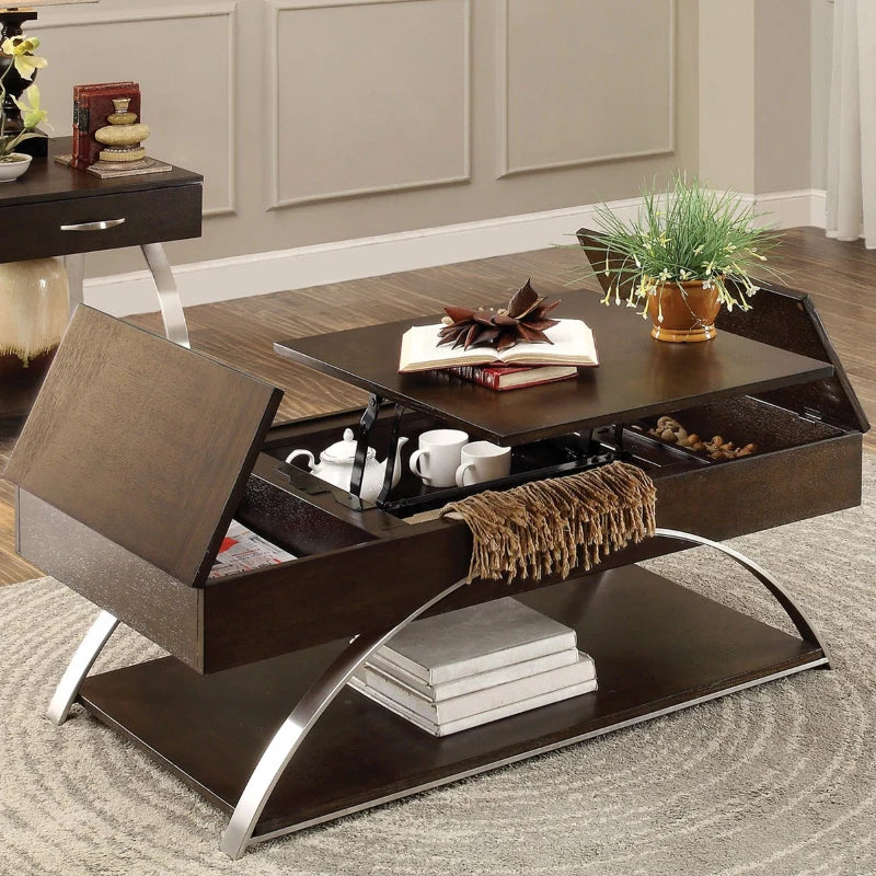 a solid wood coffee table with lift top in an espresso finish