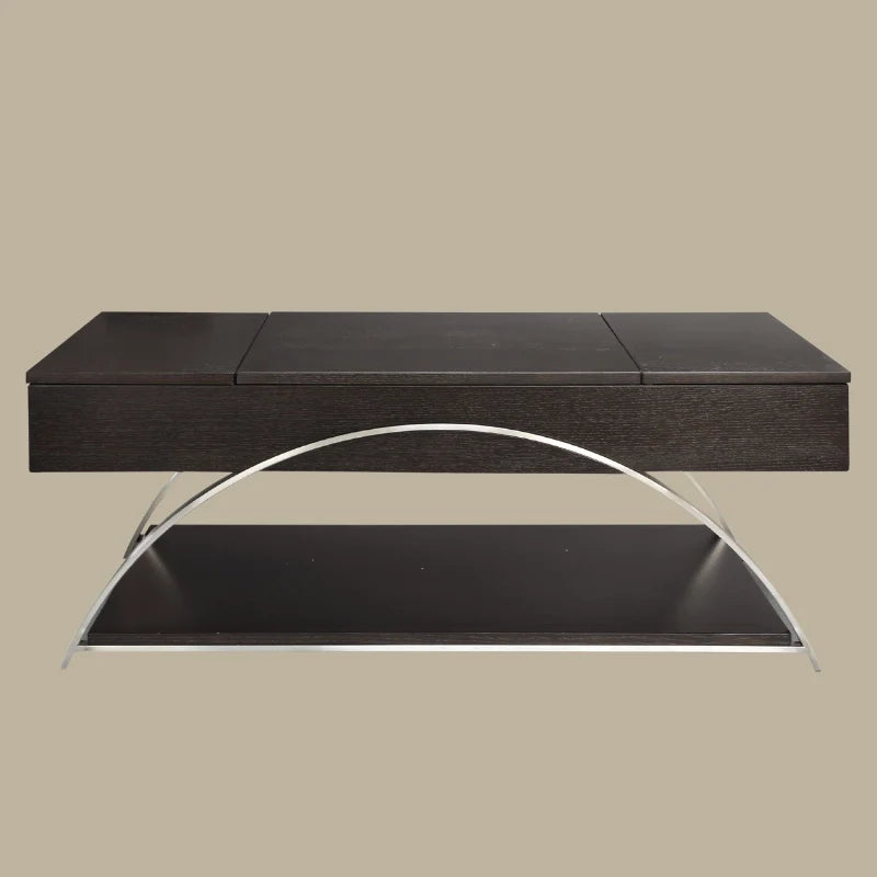 a modern wood lift top coffee table with chrome metal legs