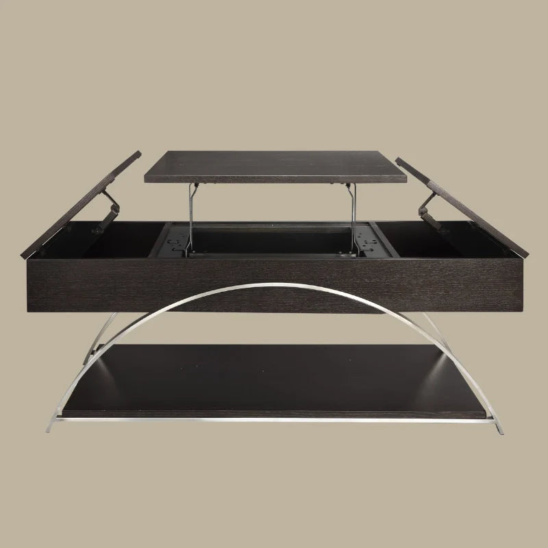 a modern wood lift top coffee table with chrome metal frame