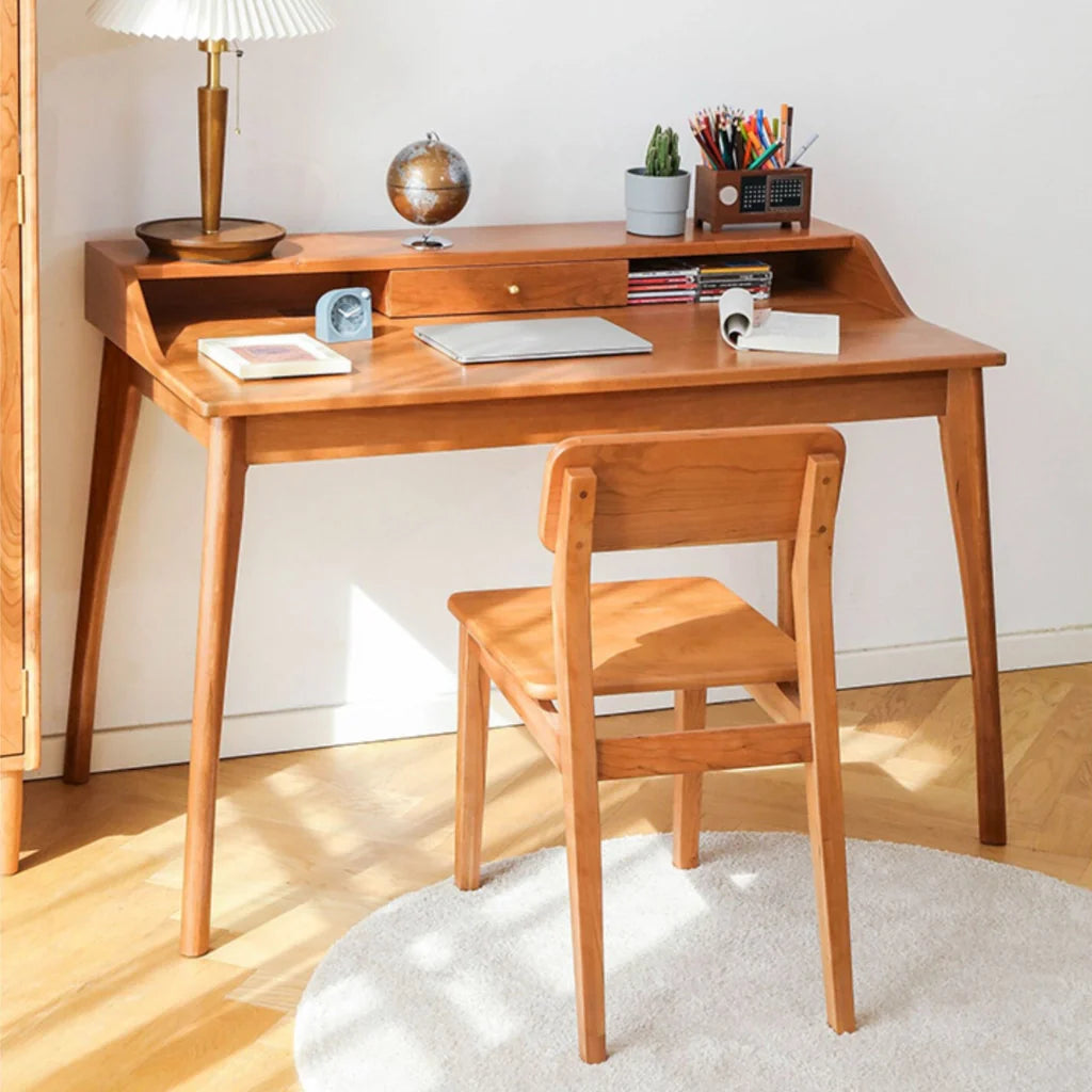 a wood desk with a hutch, and drawer for tidy storage.