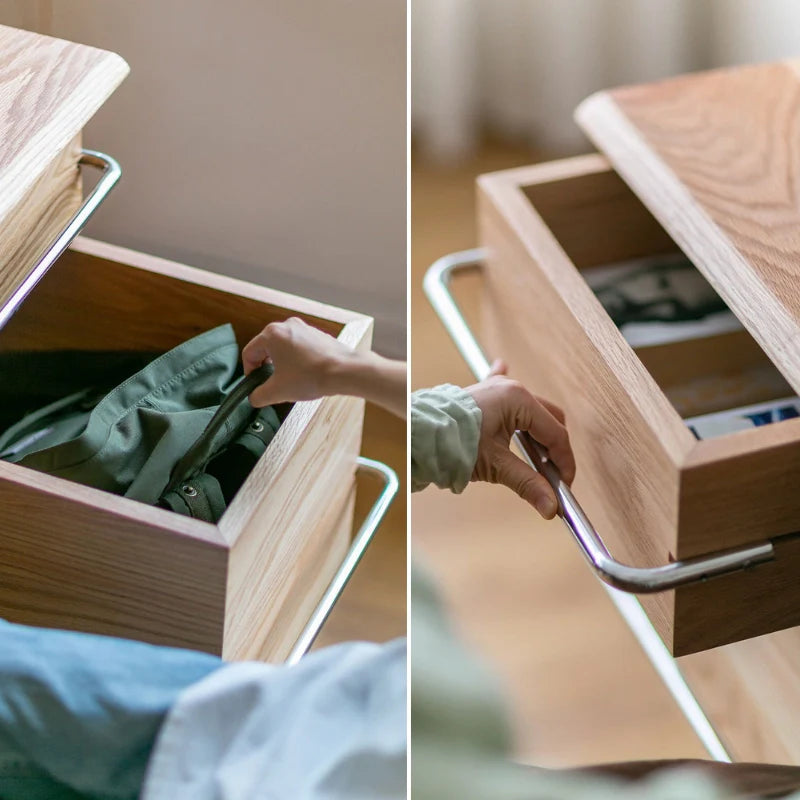 a natural wood desk with drawers