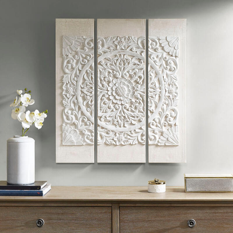 Off White Wood Triptych Dimensional Resin Canvas Wall Decor with a Carved Medallion- Set of 3