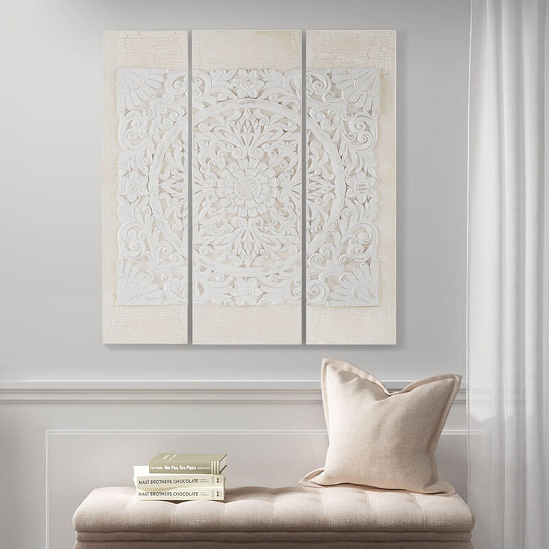 Off White Wood Triptych Dimensional Resin Canvas Wall Decor with a Carved Medallion- Set of 3