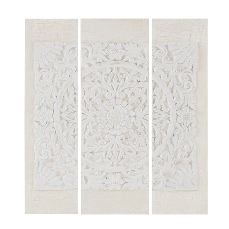 Off White Wood Triptych Dimensional Resin Canvas Wall Decor with a Carved Medallion- Set of 3