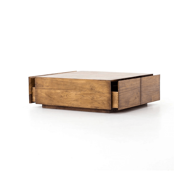 Square wood coffee table with open side drawers