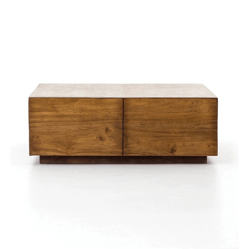 Square wood coffee table in natural wood color showing side drawer