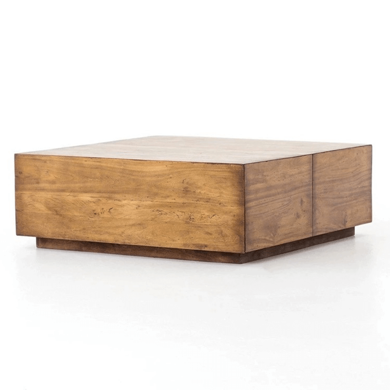 Angled view of square wood coffee table showing table top and side drawer