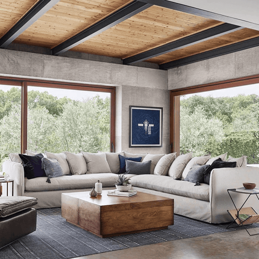 Square wood coffee table in a well decorated farmhouse