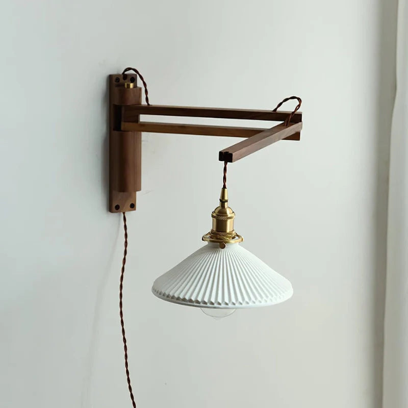 Plug in Wall Lamp with Retractable Arm and ceramic lamp shade in Wall nut and white 