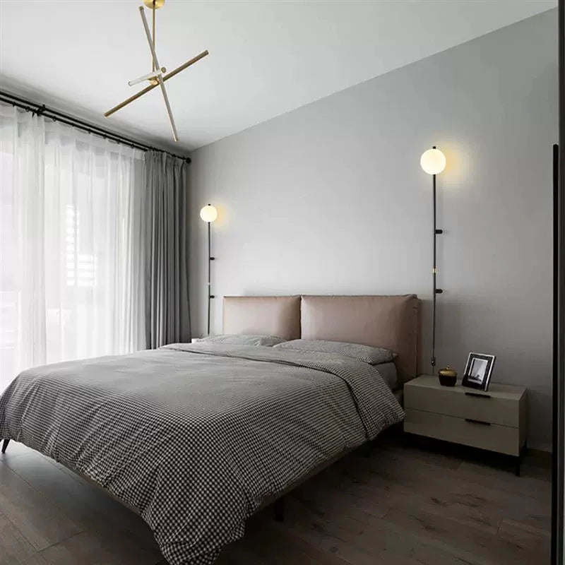 Modern Plug In Wall Light Fixture with LED Globe shade in a set of two  installed by each bed side. 