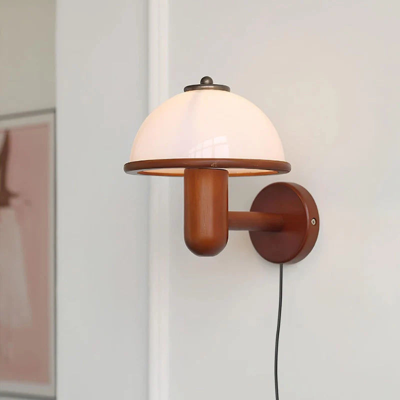 Oak wood plug in wall light in mushroom shape with white lamp shade