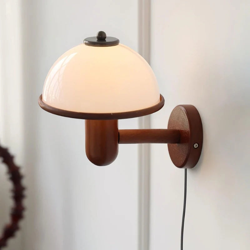 Oak wood plug in wall light in mushroom shape with white lamp shade